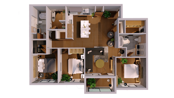 3D floor plan of a modern apartment layout with rooms and furniture.