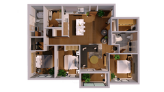 3D floor plan of a modern apartment layout with rooms and furniture.
