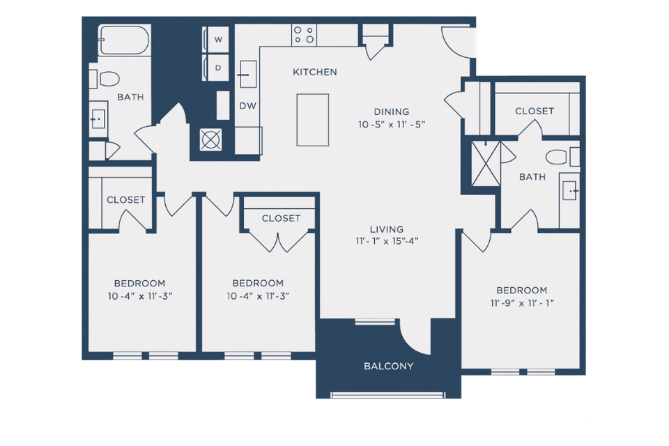 Floor plan of a three-bedroom apartment with balconies