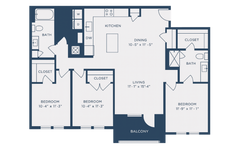 Floor plan of a three-bedroom apartment with balconies