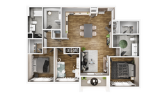 3D floor plan of a industrial apartment layout with rooms and furniture.